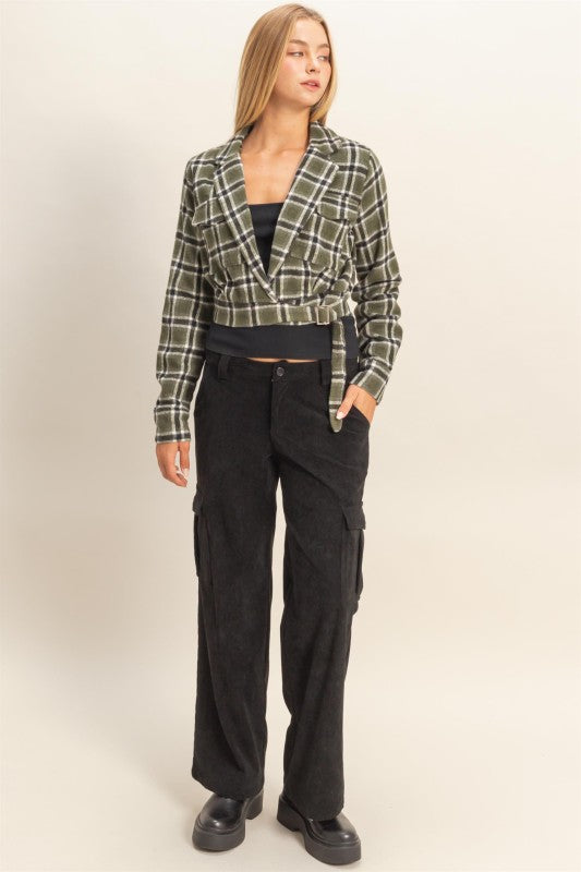 Belted Plaid Cropped Jacket - Olive