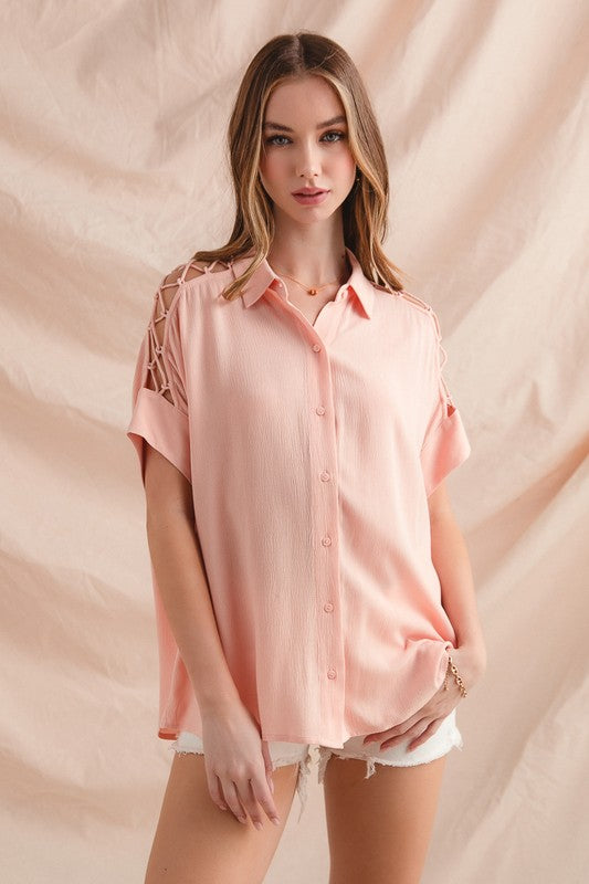 Lace It Up Button Down - Blush