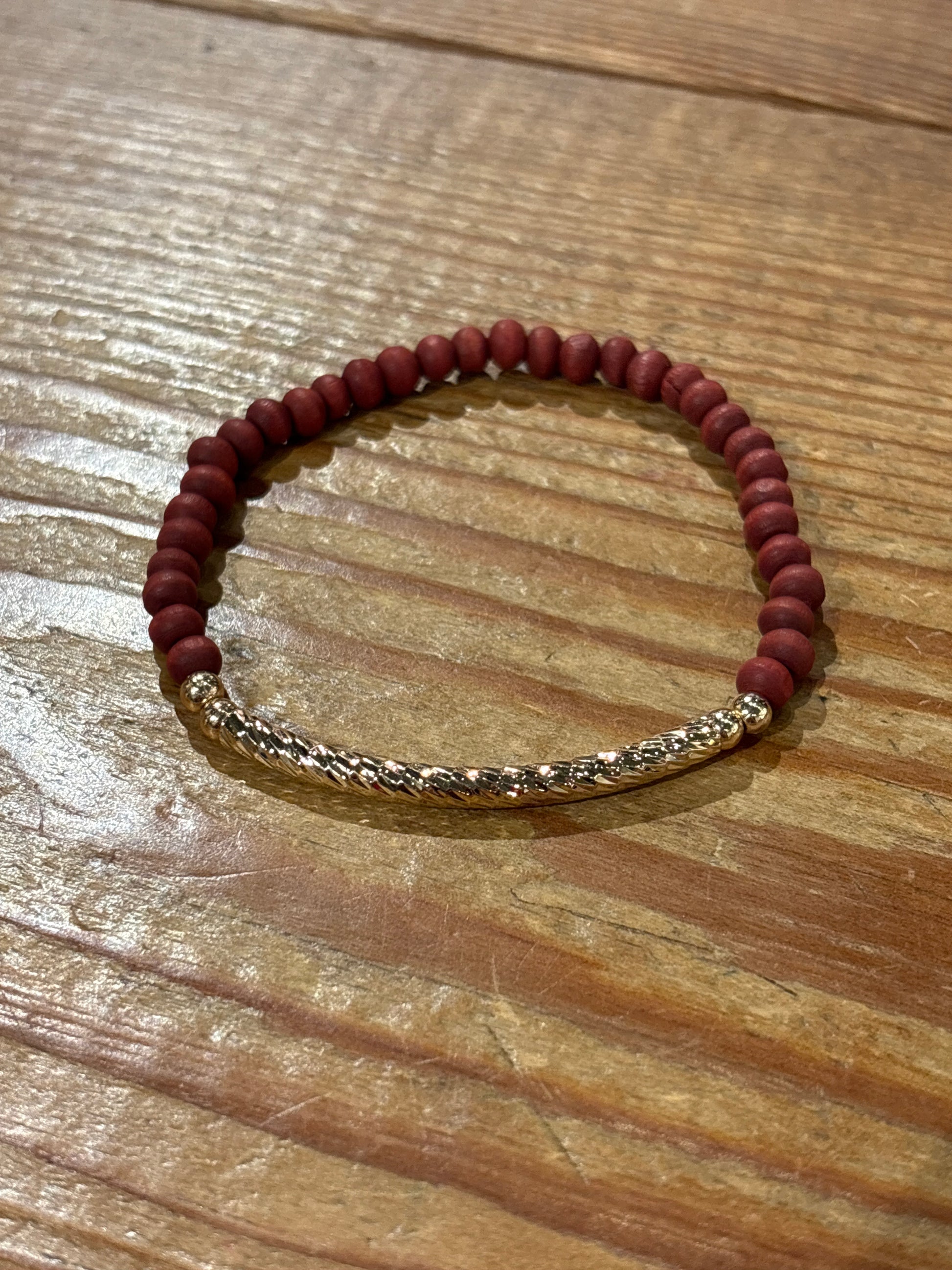 Burgundy Wood Bead Stretch Bracelet With Metal Tube