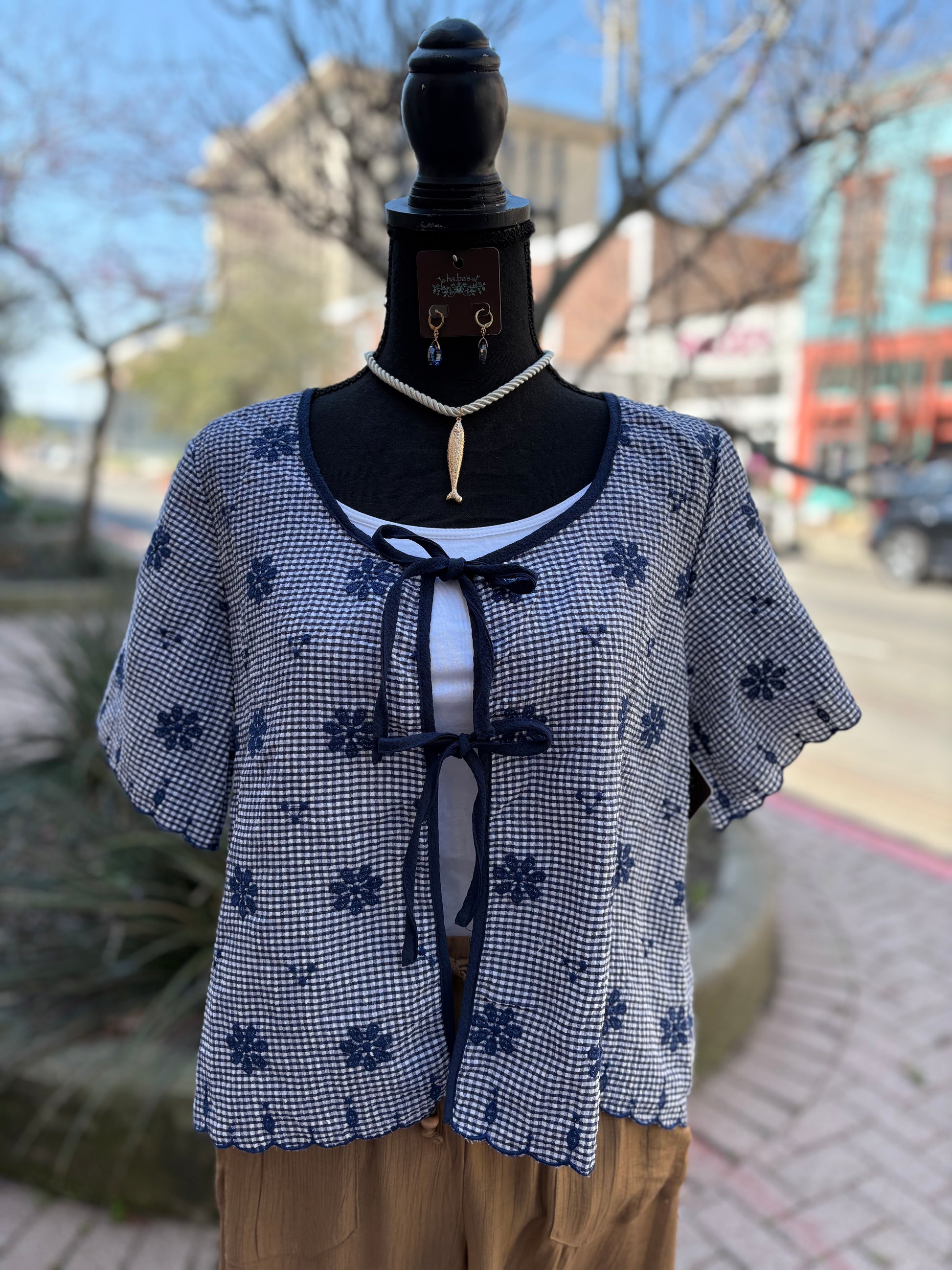 Petal Bloom Embroidered Top - Navy