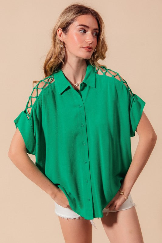 Lace It Up Button Down - Jade