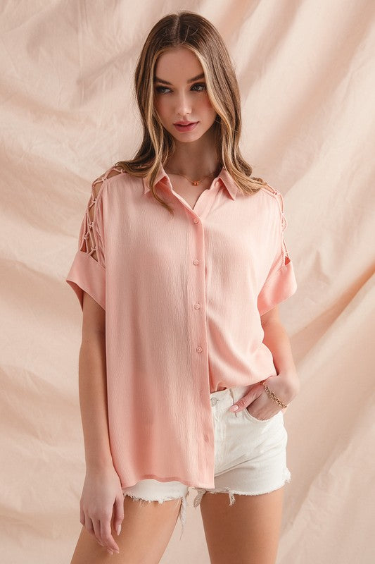 Lace It Up Button Down - Blush