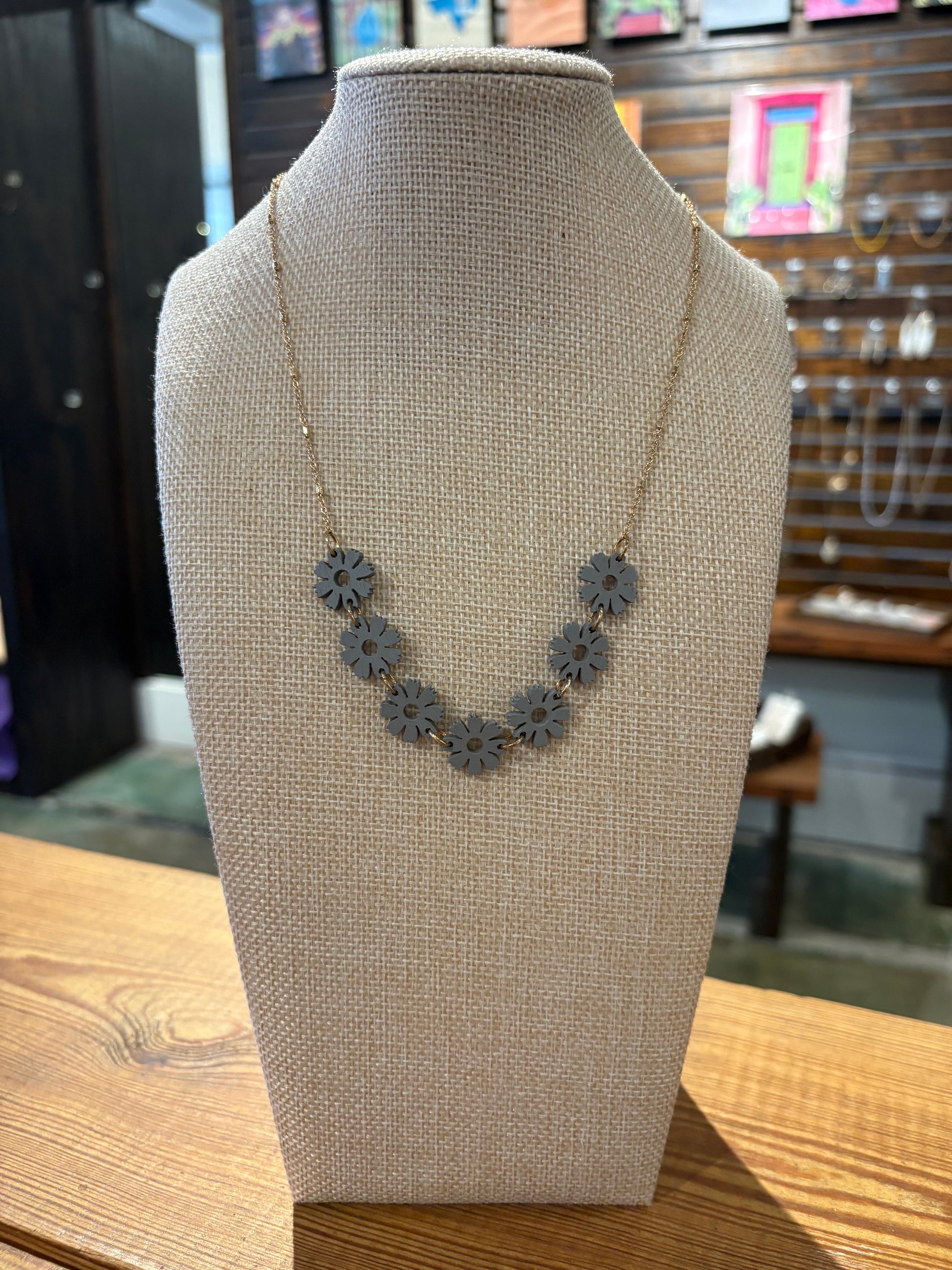 Gray Wooden Flower Necklace