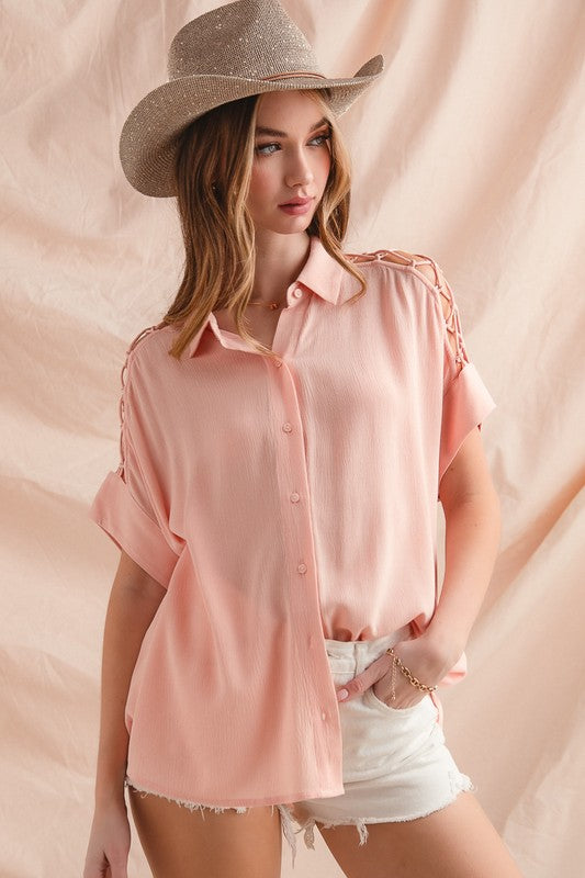 Lace It Up Button Down - Blush