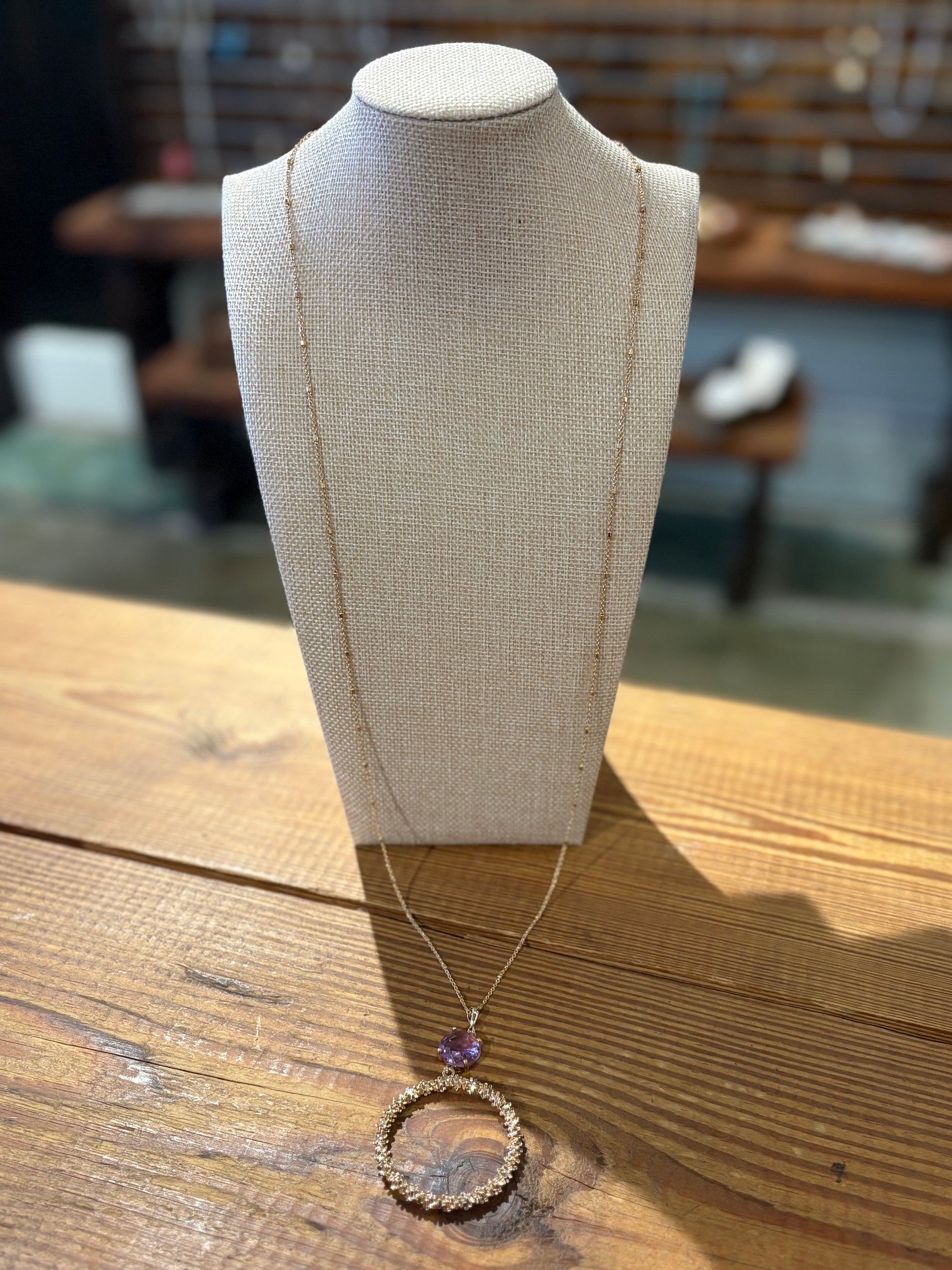 Long Purple Gemstone Gold Necklace