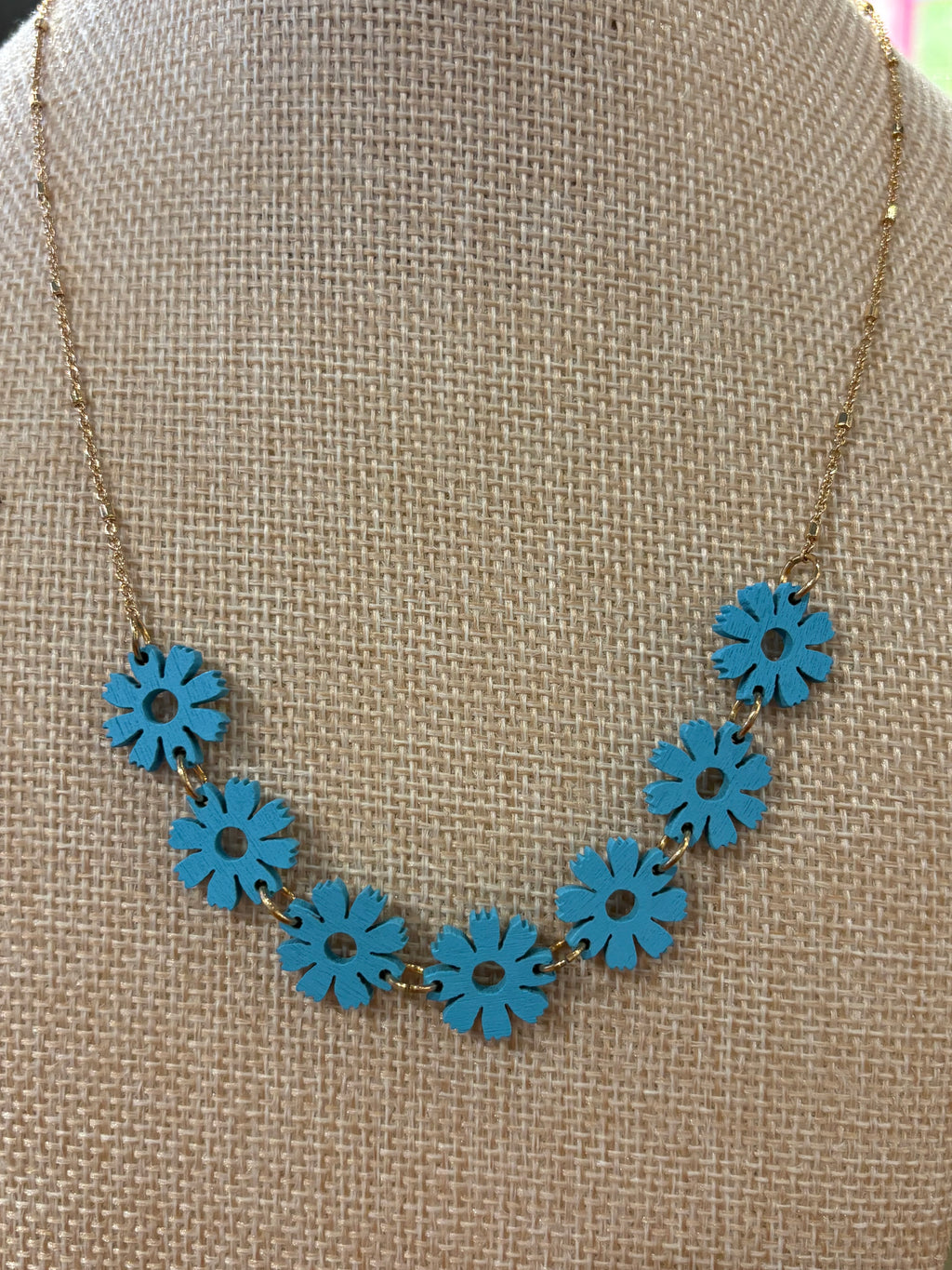 Blue Wooden Flower Necklace
