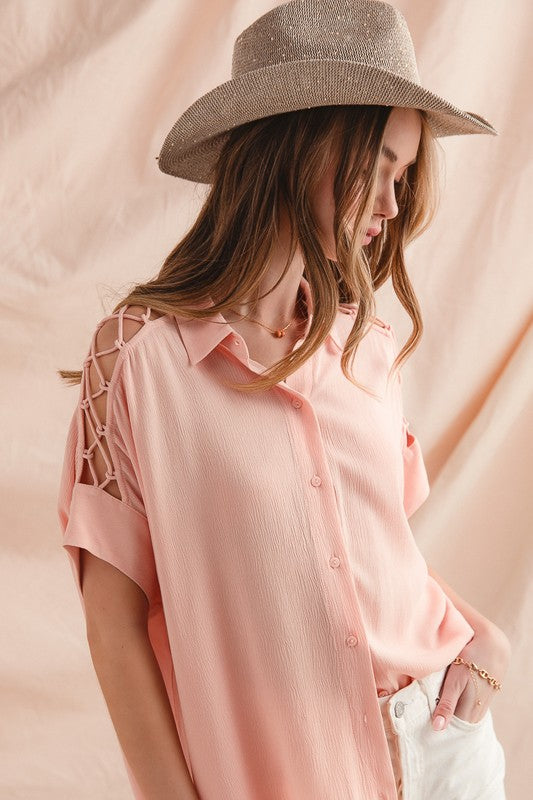Lace It Up Button Down - Blush