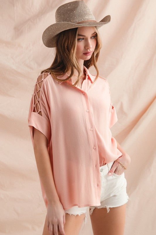 Lace It Up Button Down - Blush