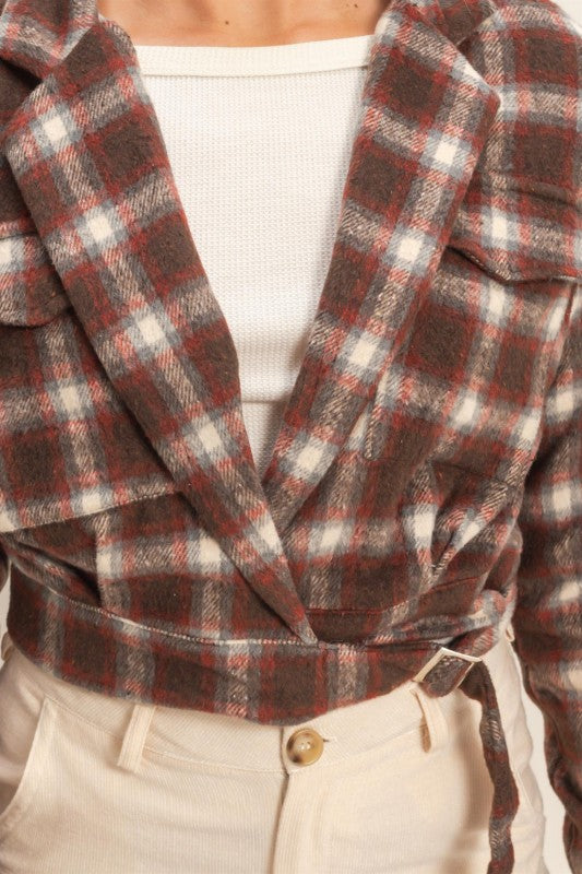 Belted Plaid Cropped Jacket - Brown