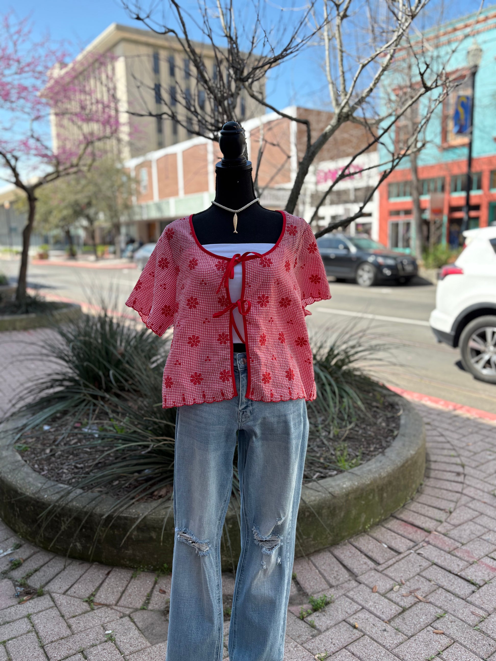 Petal Bloom Embroidered Top - Red