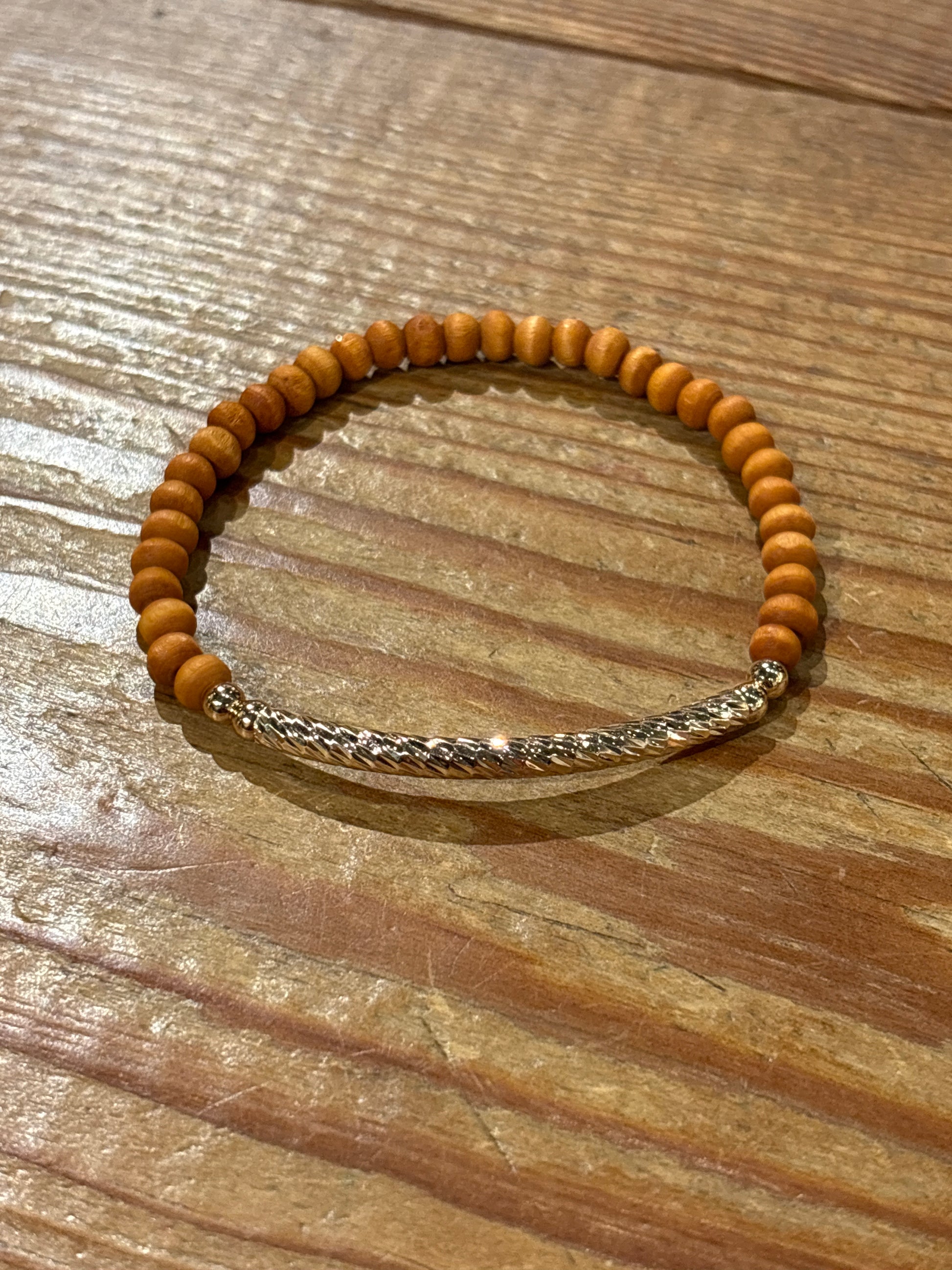Brown Wood Bead Stretch Bracelet With Metal Tube