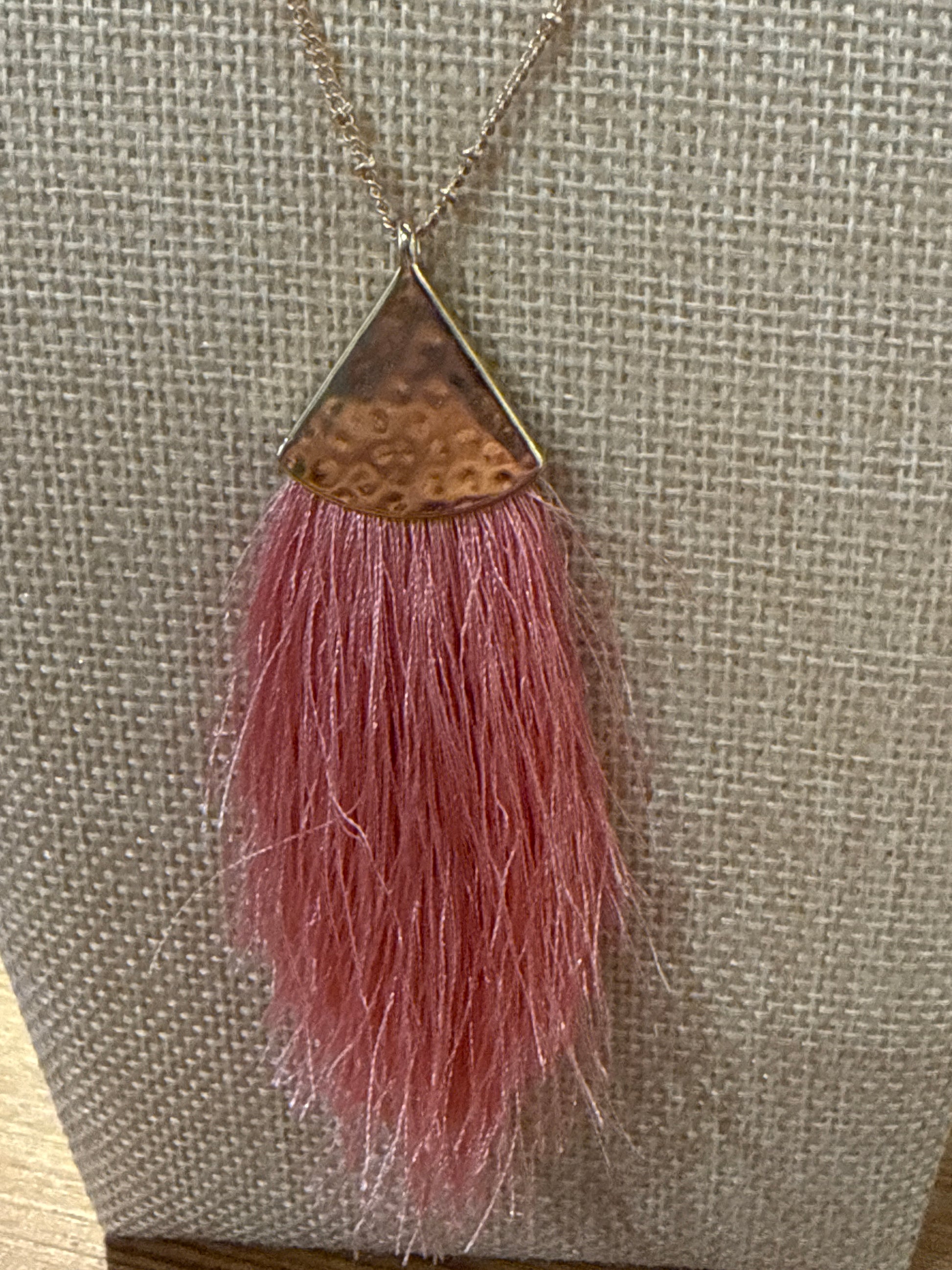 Pink Fan Tassel Hammered Necklace