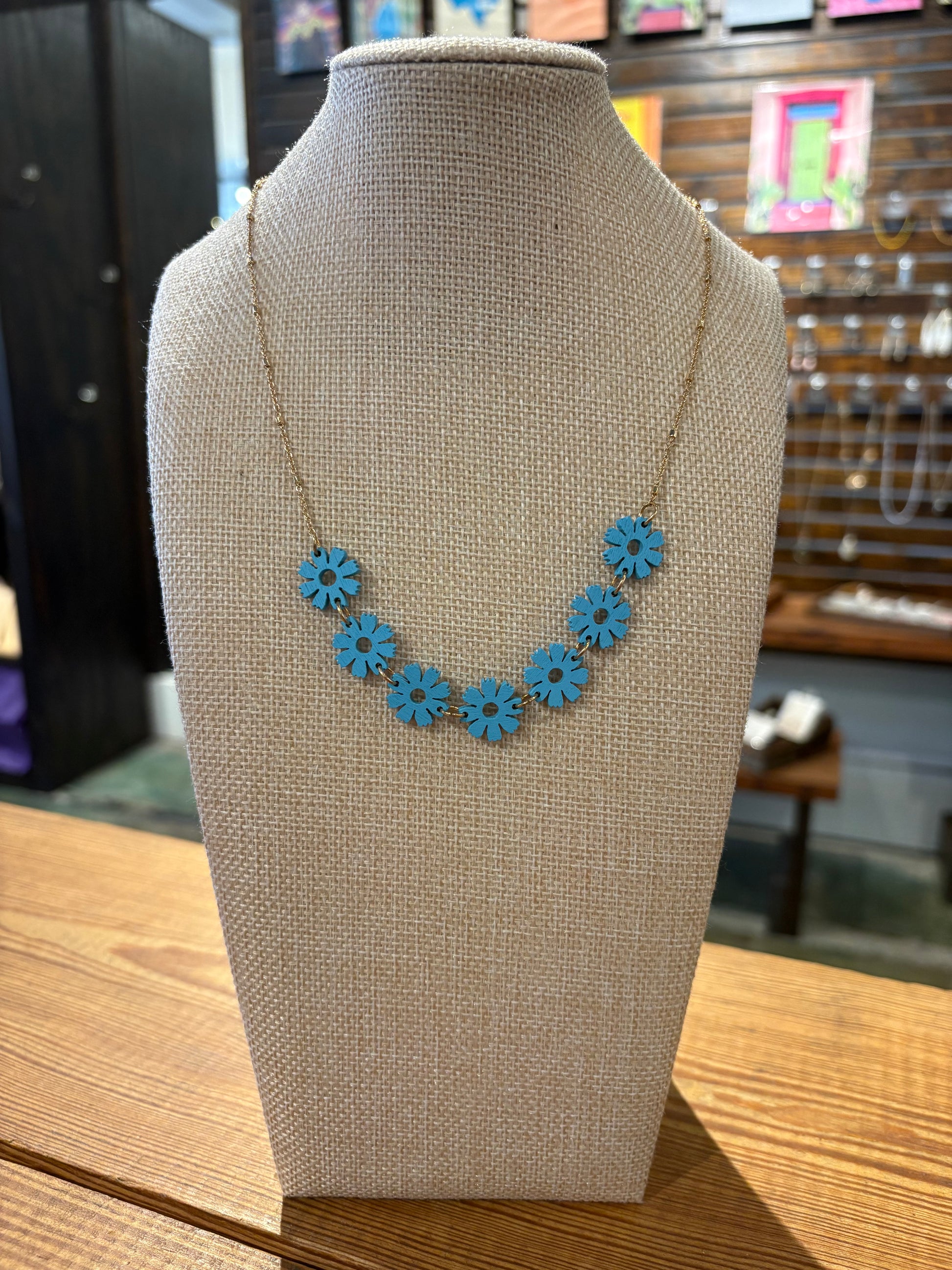 Blue Wooden Flower Necklace