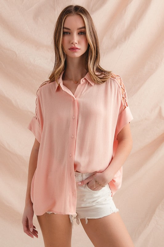 Lace It Up Button Down - Blush