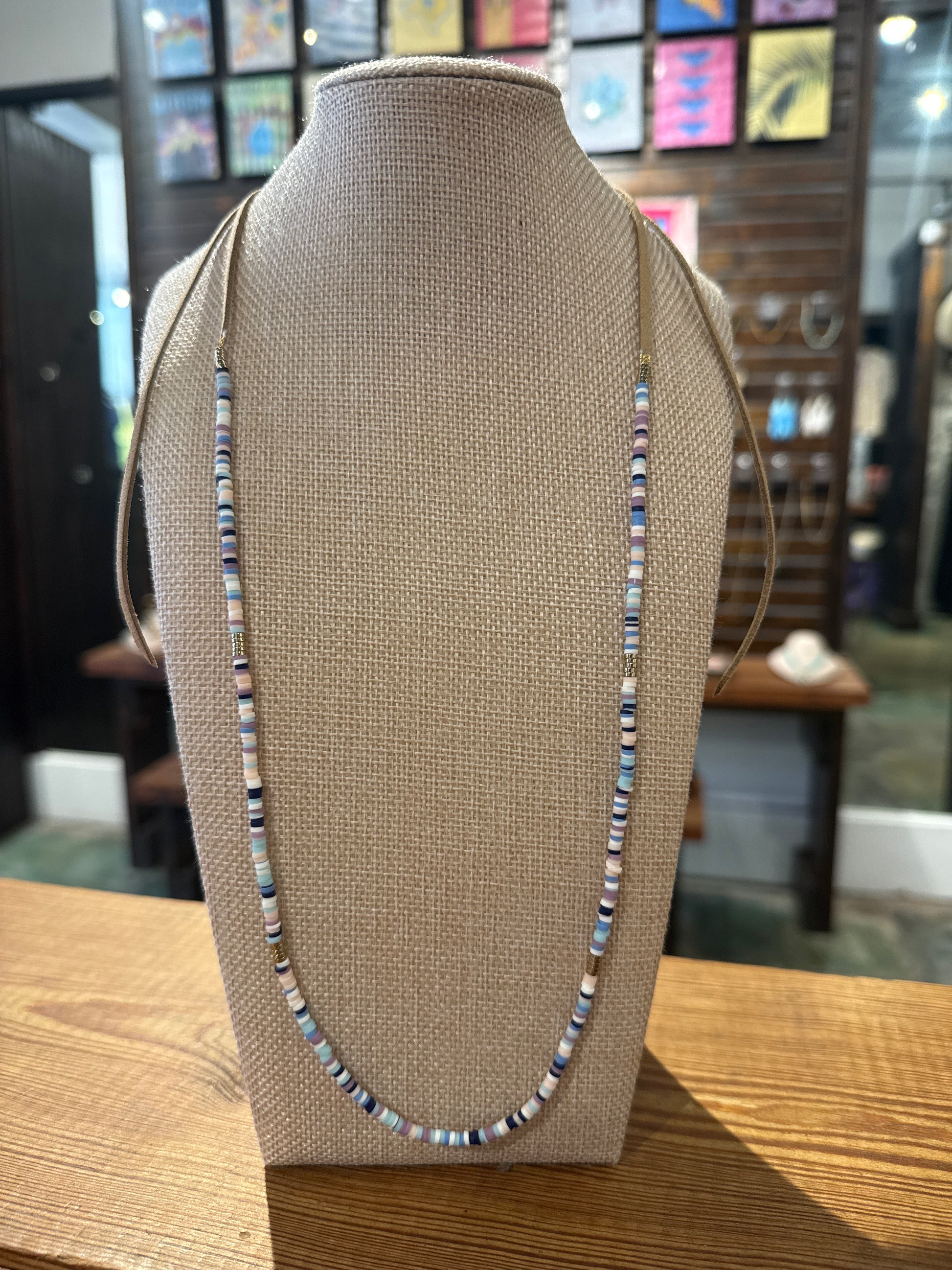 Tan leather and Seed Bead Necklace