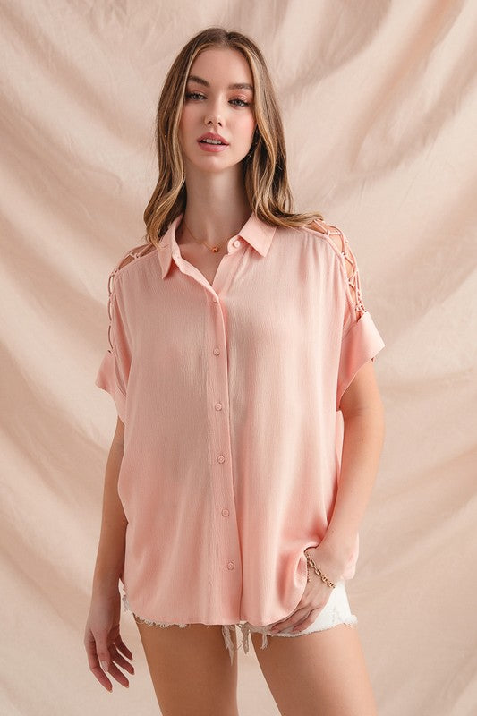 Lace It Up Button Down - Blush