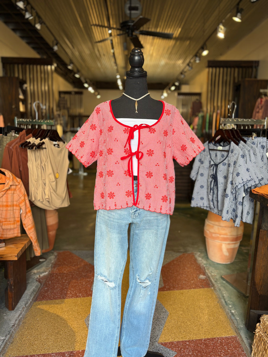Petal Bloom Embroidered Top - Red