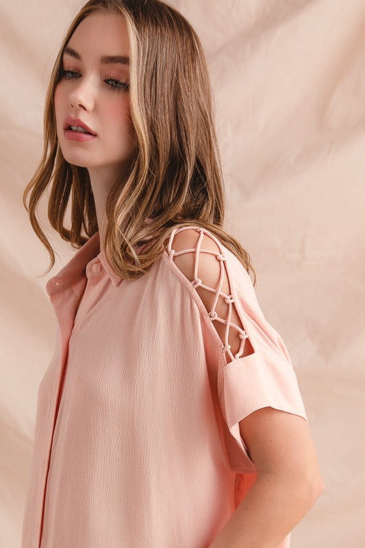 Lace It Up Button Down - Blush