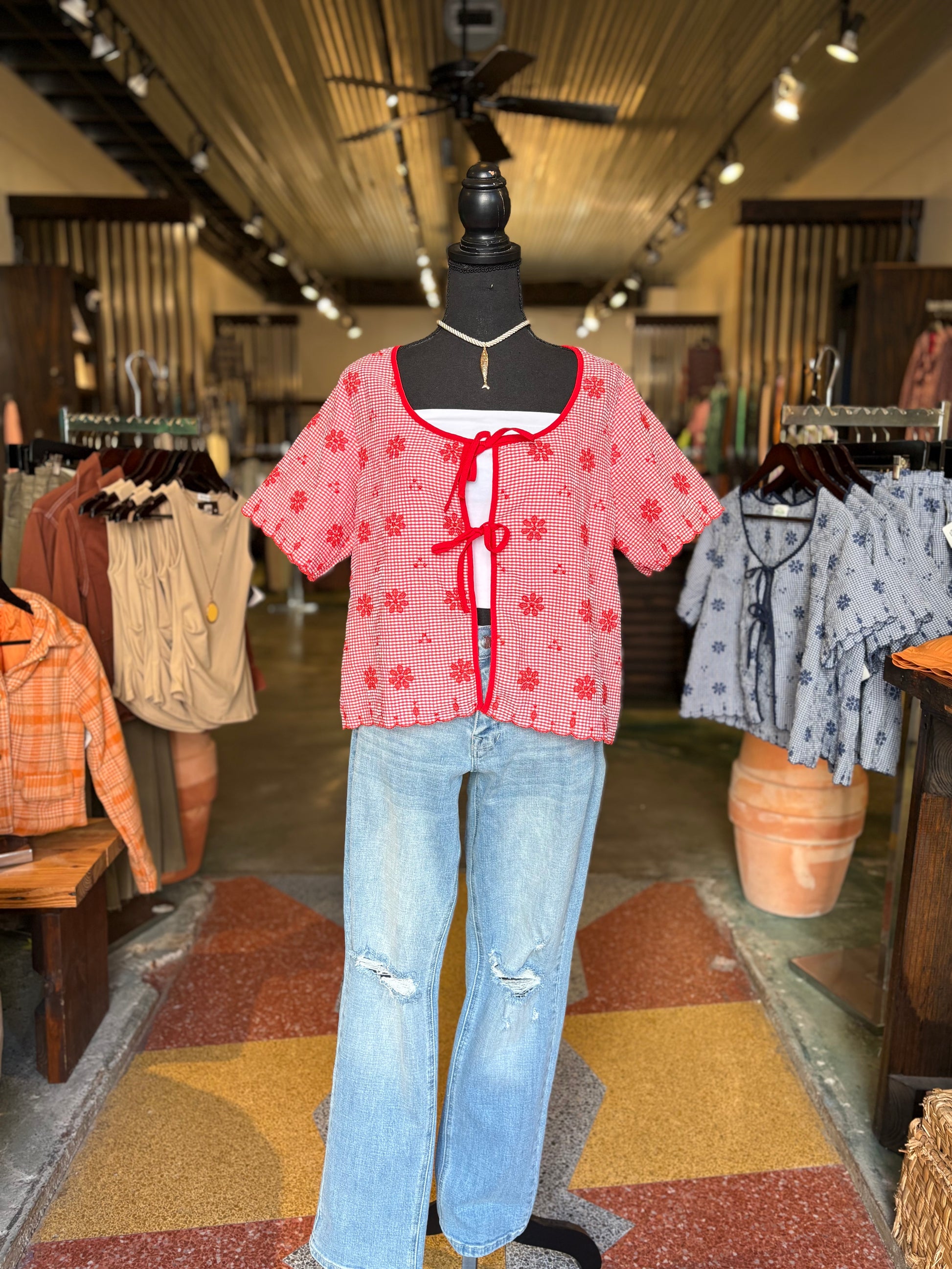 Petal Bloom Embroidered Top - Red