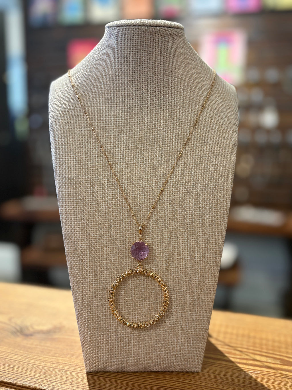 Long Purple Gemstone Gold Necklace