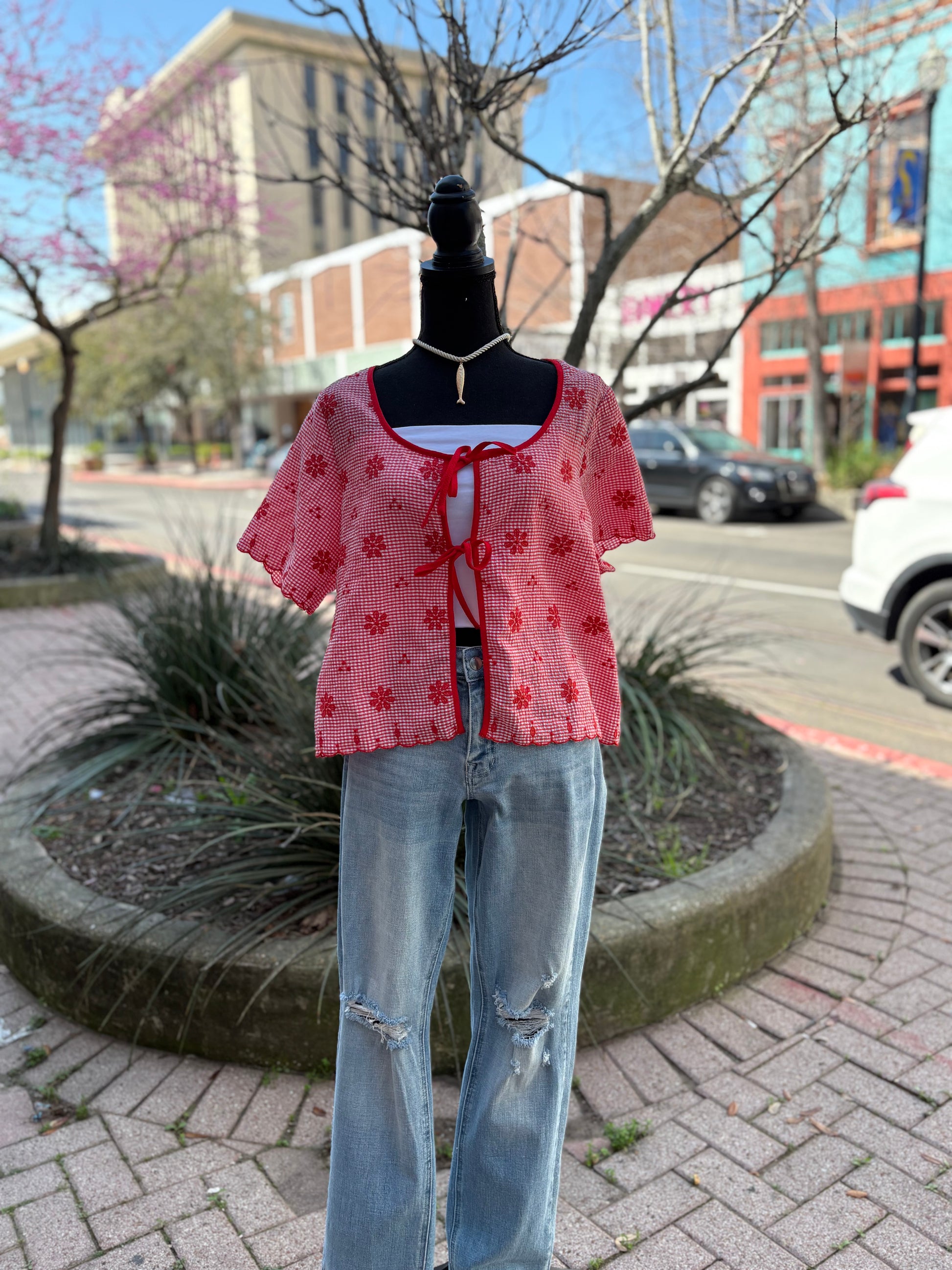 Petal Bloom Embroidered Top - Red