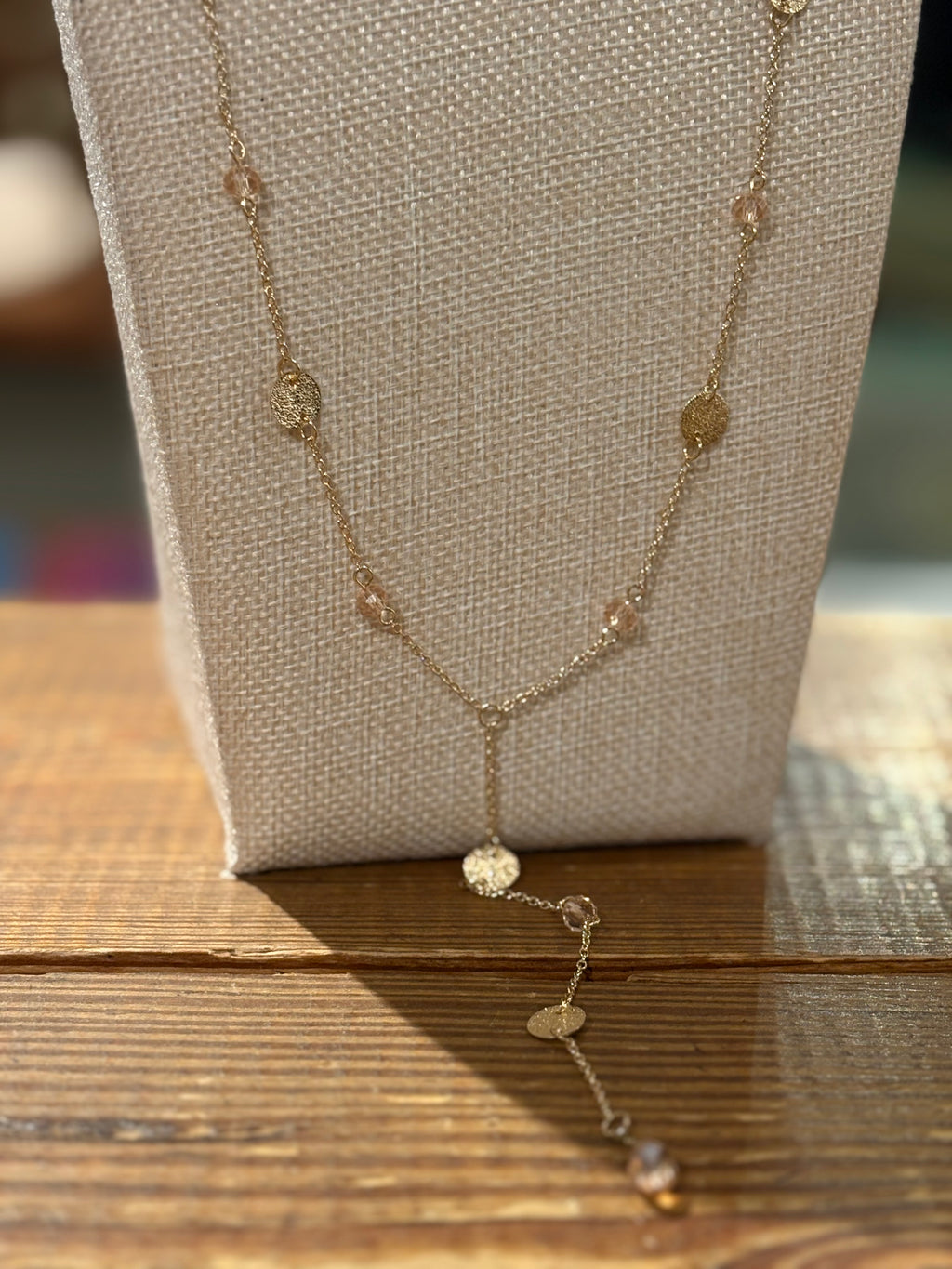 Hammered Disk & Glass Bead Y Necklace