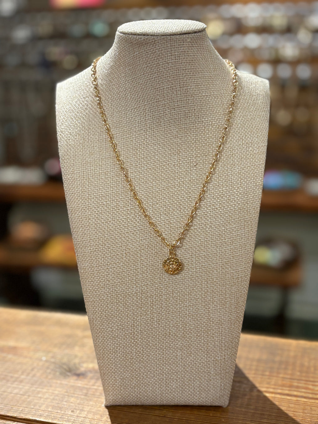 Round Hammered Charm with Stone Pendant Necklace