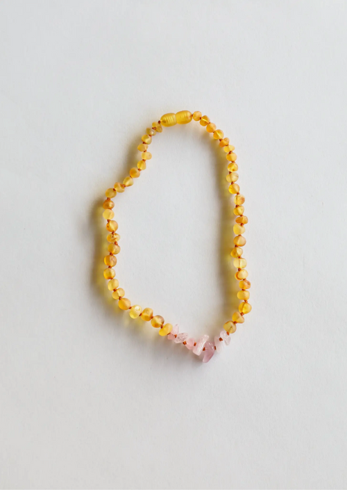 12" Necklace Raw Honey Amber + Raw Rose Quartz