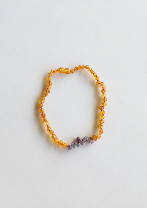 13" Necklace Raw Honey Amber + Raw Amethyst