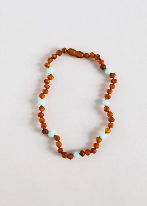 12" Necklace Raw Cognac Amber + Amazonite Halo