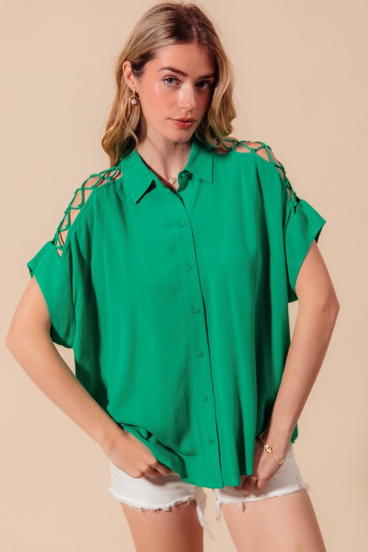 Lace It Up Button Down - Jade