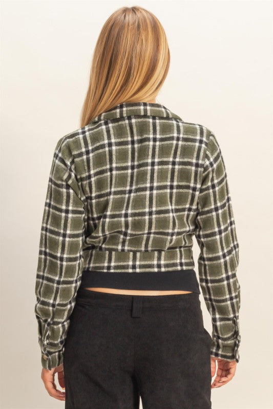 Belted Plaid Cropped Jacket - Olive