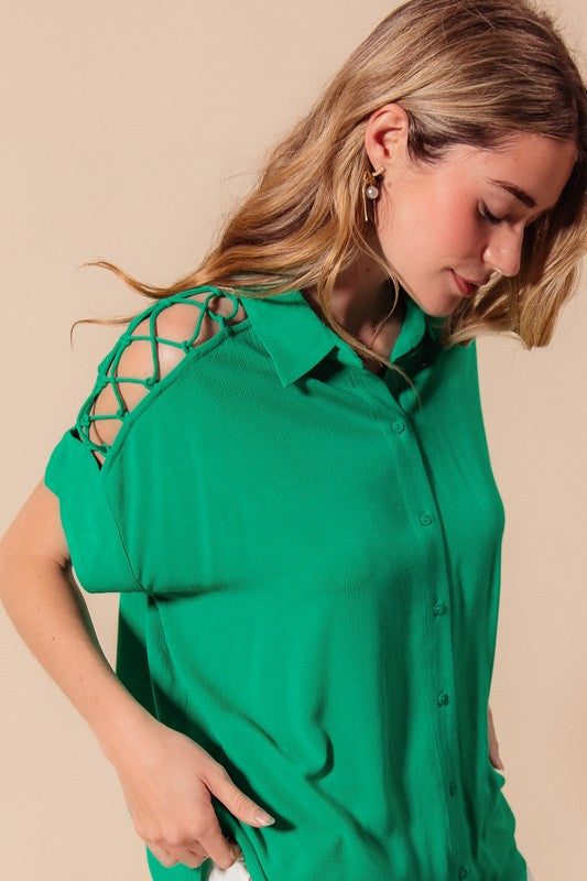 Lace It Up Button Down - Jade