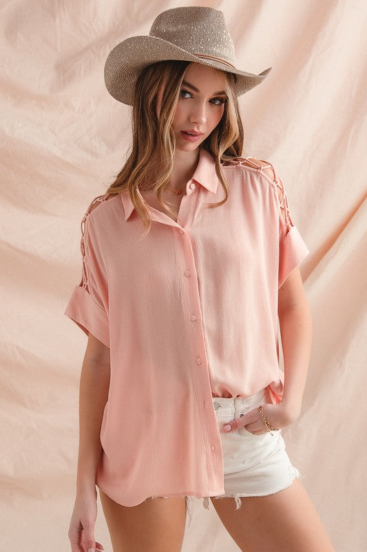 Lace It Up Button Down - Blush