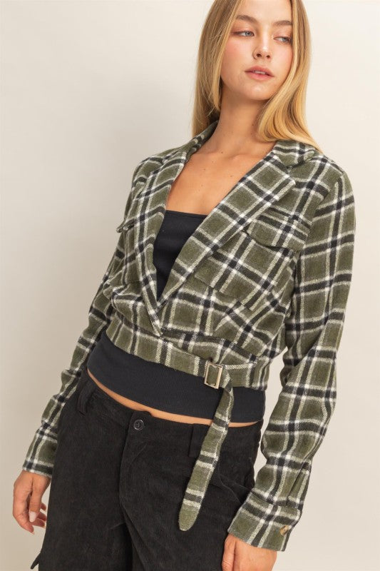 Belted Plaid Cropped Jacket - Olive